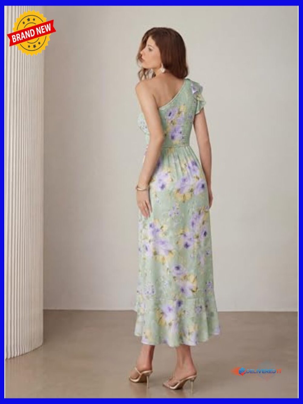 One Shoulder Ruffle Floral Maxi Sundress Wedding Guest Flowy A-Line - Picture 2 of 7
